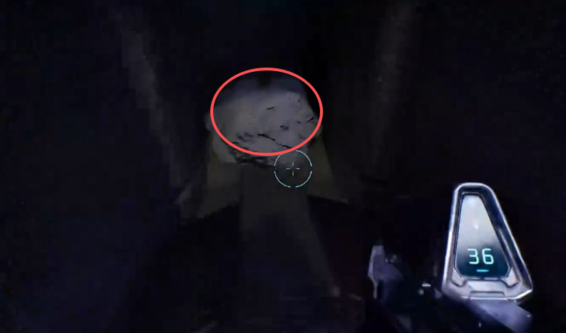 Cowbell skull circled in the dark passage beneath the bridge