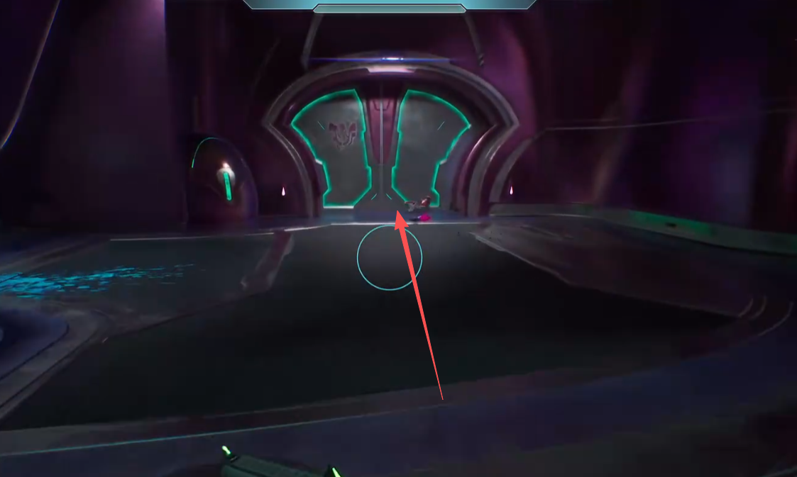 Arrow pointing to the green-lit door on the left side of the shuttle bay