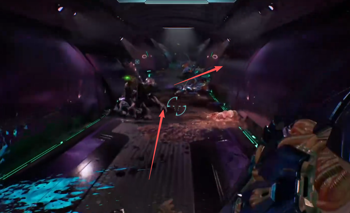 Arrows showing the descending route through the enemy-filled corridor