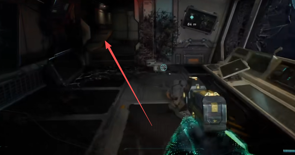 Arrow showing the left turn on the second floor of the cryo bay
