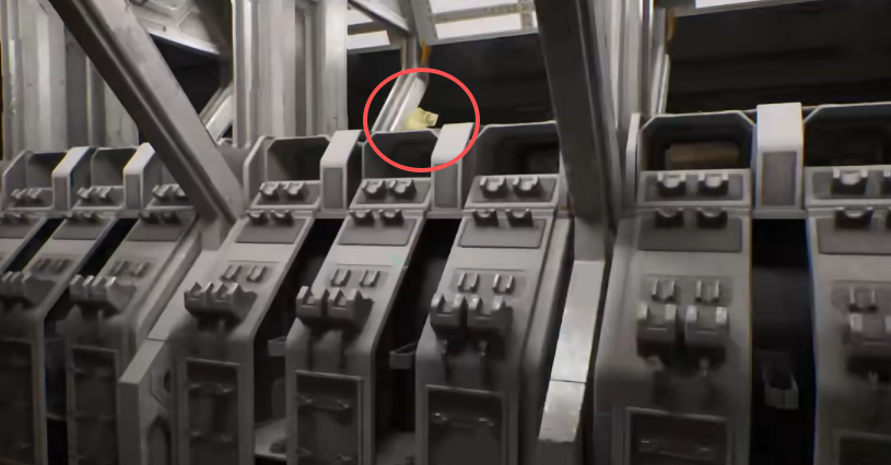Magnified skull circled on top of a weapon rack in the armory