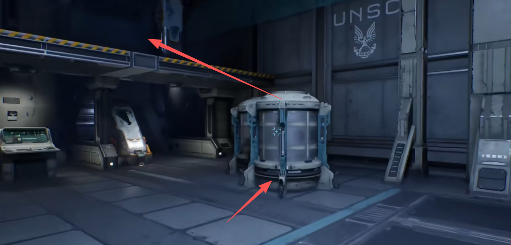 Arrows showing the tank and suspended walkway outside the cryo chamber