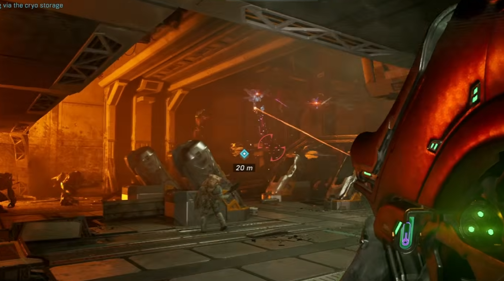 Ruined cryo pod room filled with Sentinels and Flood