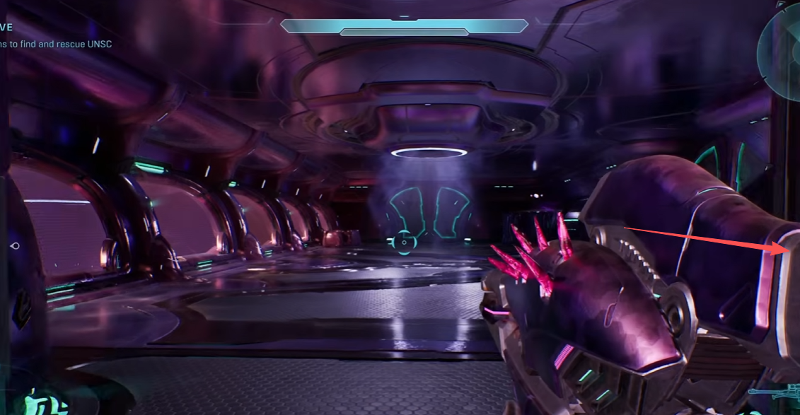 Arrow pointing to the right-hand door in the room overlooking the holding pods