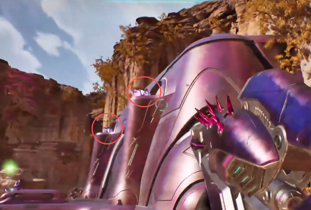 Two explosive canisters circled inside purple flames beside a locked door