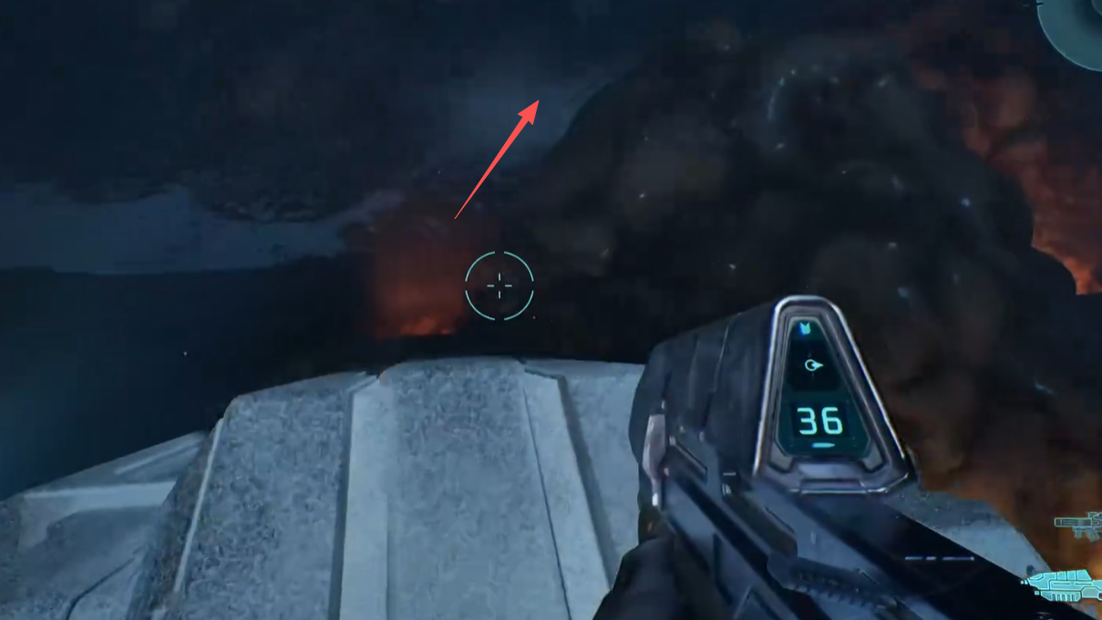 Arrow showing the route down the far side of the middle arch toward the Flood growth