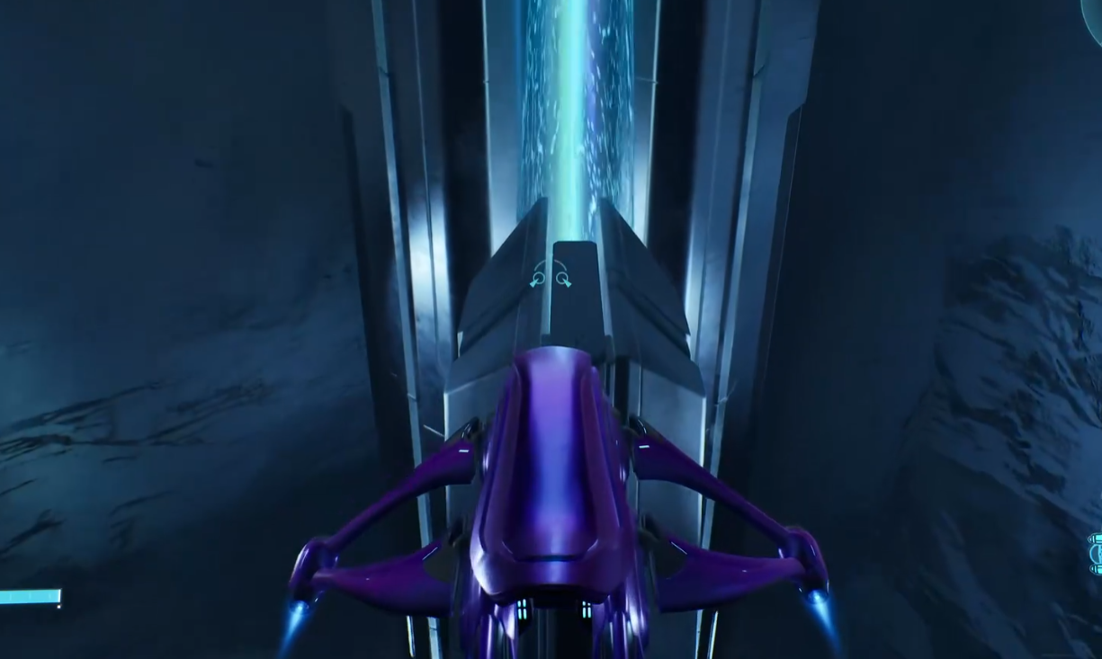 Banshee hovering beside the tall spire in front of the blue beam