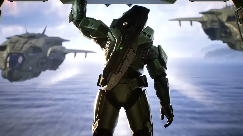 Master Chief preparing to deploy from a Pelican